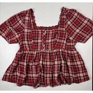 Torrid Peasant Top Womens 2 Red White Plaid Boho Flannel Button Down Short Sleev